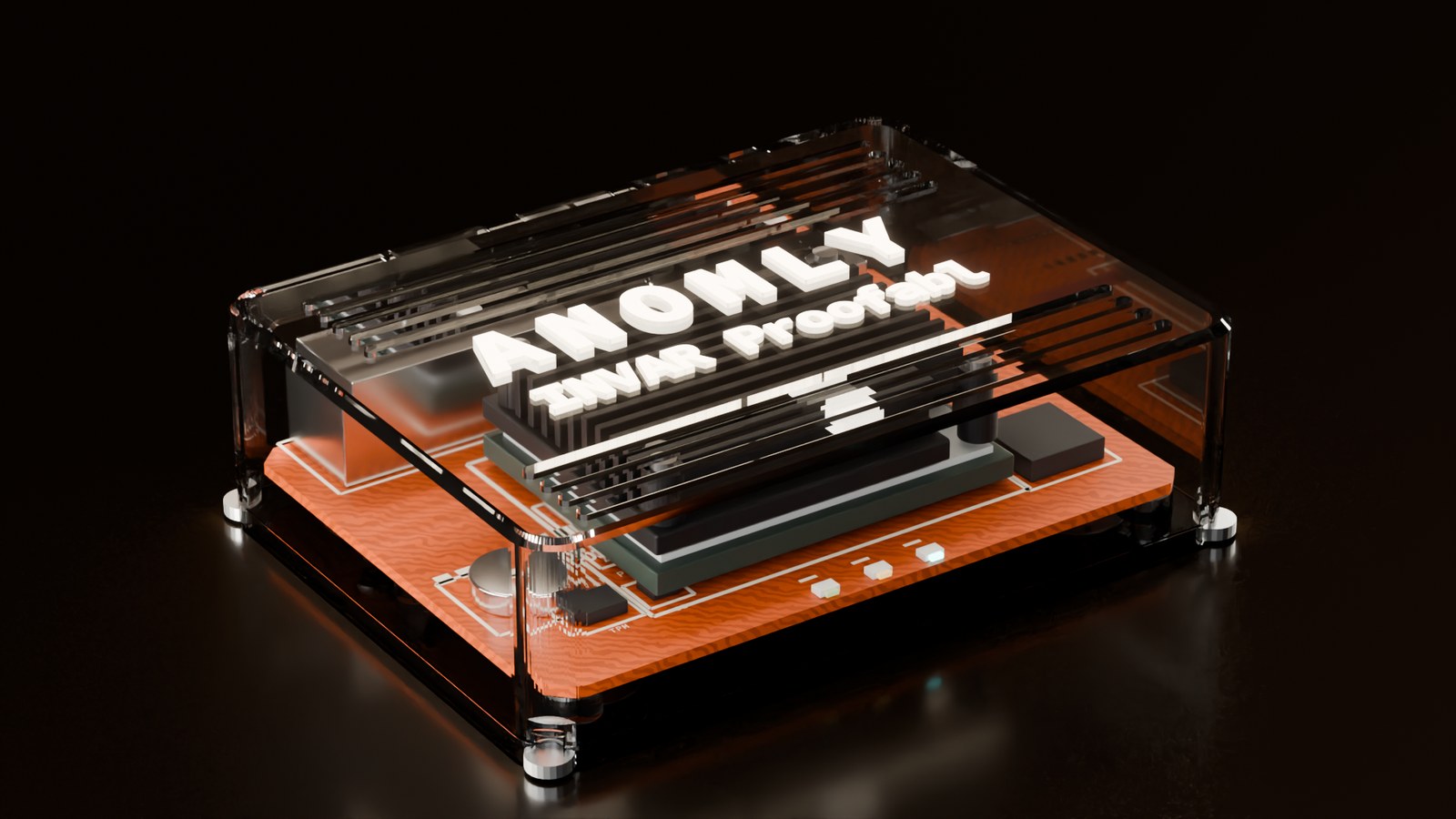 INVAR Proofabl: a crystal-clear vented desktop enclosure with illuminated Anomly INVAR Proofabl lettering, the stock Compute Module 5 (CM5) cooler and the burnt-orange carrier board visible inside.